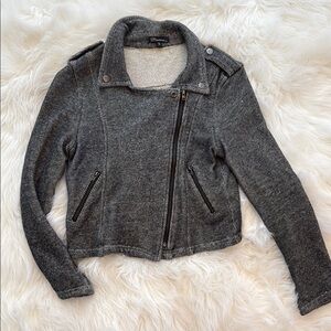 Gray Bomber Jacket with Asymmetrical Zipper and Wide Collar